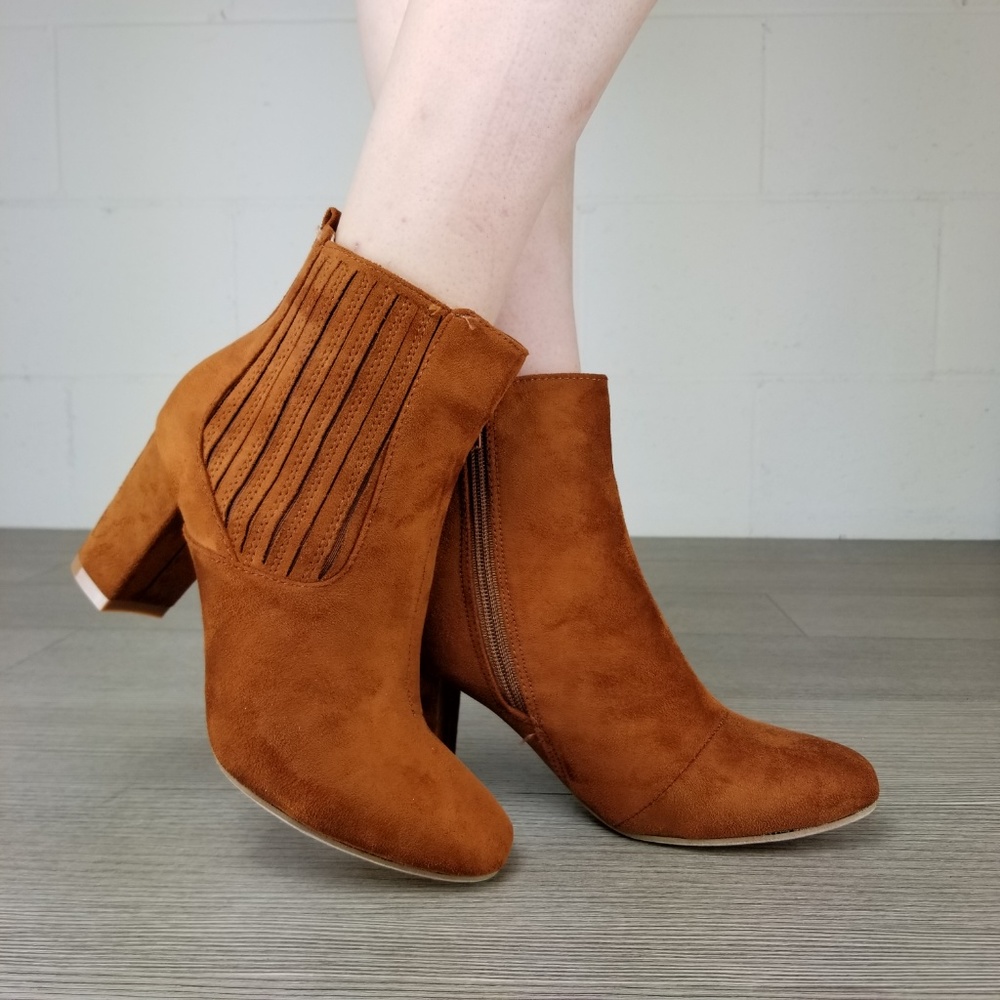 Vegan Suede Tan Bock Heel Ankle Bootie - Picture 3 of 8